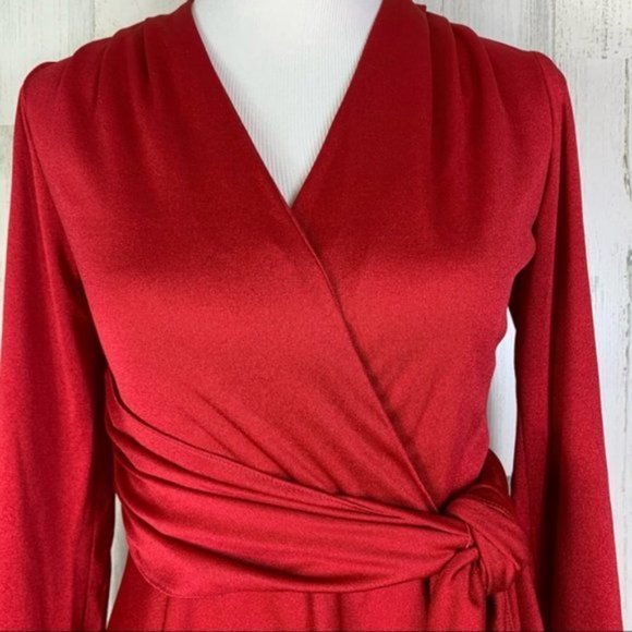 Vintage 70s Bright Red Faux Wrap Midi Dress - Picture 6 of 12